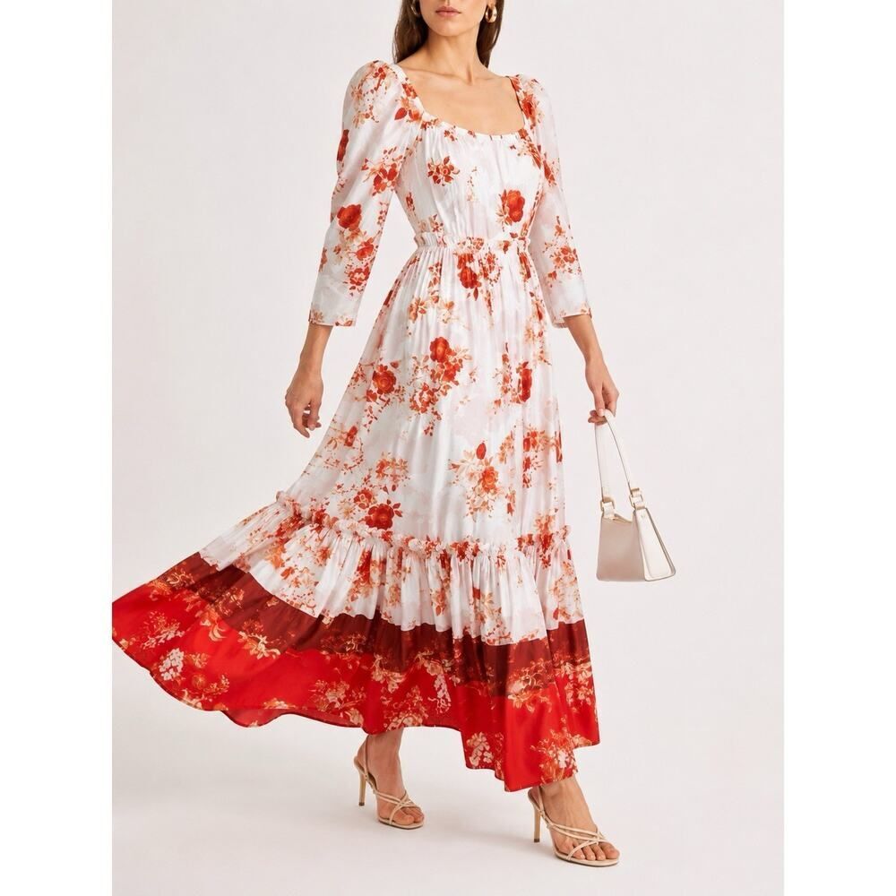 Cara Cara Floral Puff Sleeve Tiered Maxi Dress Cotton Cottagecore Size 0 XS